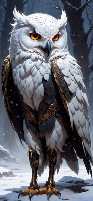 snow owl, (fyling around), sprinting, torn flesh, tattered clothes, fantasy magic, undercut hairstyle, dark light night, intricate, elegant, sharp focus, illustration, highly detailed, digital painting, concept art, matte, art by wlop and artgerm and greg rutkowski and alphonse mucha, masterpiece, monster