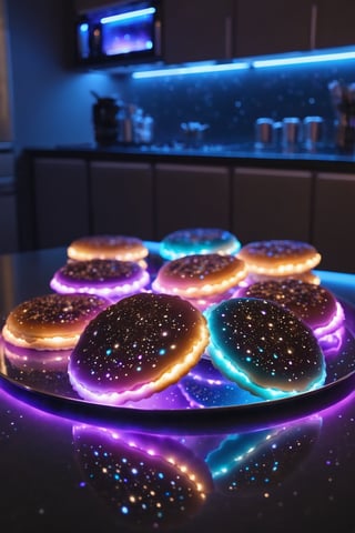 Delicious glowing galaxy cookies on a dining table in the kitchen, comfortable light ,romantic light, ultra details ,photorealistic, realistic ,gel lighting, Cinematic, Filmic, medium shot, 4k, Front-light, Cinematic Lighting, volumetric Light, Ray Tracing Reflections, Chromatic Aberration, photography, hyper realistic, 4k, 8k,closeup 

