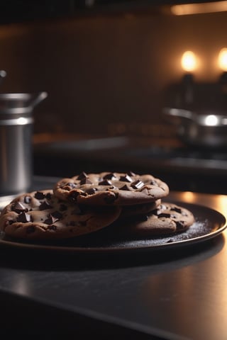 Delicious glowing dark chocolate chip cookies on a dining table in the kitchen, comfortable light ,romantic light, ultra details ,photorealistic, realistic ,gel lighting, Cinematic, Filmic, medium shot, 4k, Front-light, Cinematic Lighting, volumetric Light, Ray Tracing Reflections, Chromatic Aberration, photography, hyper realistic, 4k, 8k,closeup 
