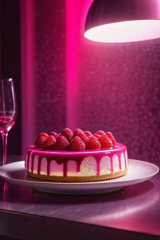 Delicious giant raspberry cheesecake on a dining table in the kitchen, comfortable light ,romantic light, ultra details ,photorealistic, realistic ,gel lighting, Cinematic, Filmic, medium shot, 4k, Front-light, Cinematic Lighting, volumetric Light, Ray Tracing Reflections, Chromatic Aberration, photography, hyper realistic, 4k, 8k,closeup , 
