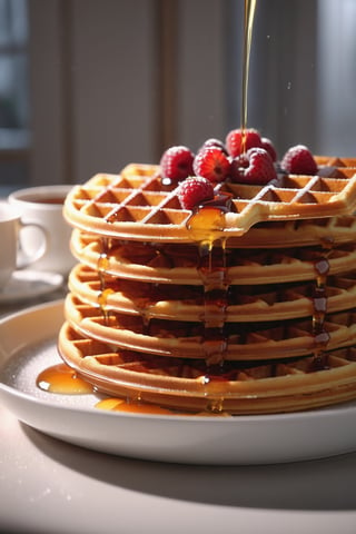 Delicious plate of tall syrup waffles on a dining table in the kitchen, syrup on waffles, comfortable light ,romantic light, ultra details ,photorealistic, realistic ,gel lighting, Cinematic, Filmic, medium shot, 4k, Front-light, Cinematic Lighting, volumetric Light, Ray Tracing Reflections, Chromatic Aberration, photography, hyper realistic, 4k, 8k,closeup , 
