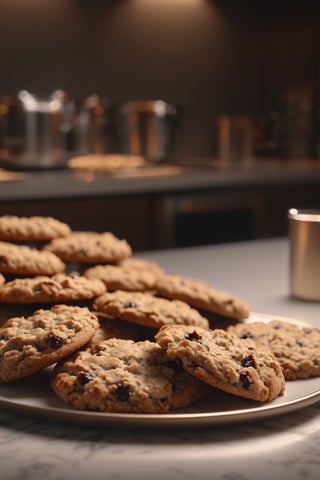 Delicious glowing oatmeal raisin cookies on a dining table in the kitchen, comfortable light ,romantic light, ultra details ,photorealistic, realistic ,gel lighting, Cinematic, Filmic, medium shot, 4k, Front-light, Cinematic Lighting, volumetric Light, Ray Tracing Reflections, Chromatic Aberration, photography, hyper realistic, 4k, 8k,closeup 
