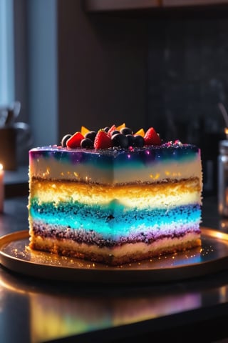 Delicious glowing galaxy cake on a dining table in the kitchen, comfortable light ,romantic light, ultra details ,photorealistic, realistic ,gel lighting, Cinematic, Filmic, medium shot, 4k, Front-light, Cinematic Lighting, volumetric Light, Ray Tracing Reflections, Chromatic Aberration, photography, hyper realistic, 4k, 8k,closeup
