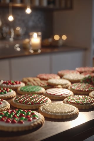 Delicious christmas cookies on a dining table in the kitchen, comfortable light ,romantic light, ultra details ,photorealistic, realistic ,gel lighting, Cinematic, Filmic, medium shot, 4k, Front-light, Cinematic Lighting, volumetric Light, Ray Tracing Reflections, Chromatic Aberration, photography, hyper realistic, 4k, 8k,closeup 
