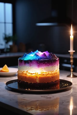 Delicious glowing galaxy cake on a dining table in the kitchen, comfortable light ,romantic light, ultra details ,photorealistic, realistic ,gel lighting, Cinematic, Filmic, medium shot, 4k, Front-light, Cinematic Lighting, volumetric Light, Ray Tracing Reflections, Chromatic Aberration, photography, hyper realistic, 4k, 8k,closeup
