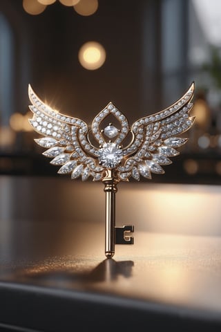 diamond studded key with wings on a dining table in the kitchen, comfortable light ,romantic light, ultra details ,photorealistic, realistic ,gel lighting, Cinematic, Filmic, medium shot, 4k, Front-light, Cinematic Lighting, volumetric Light, Ray Tracing Reflections, Chromatic Aberration, photography, hyper realistic, 4k, 8k,closeup , 
