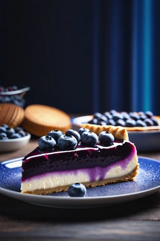 Delicious giant blueberry cheesecake on a dining table in the kitchen, comfortable light ,romantic light, ultra details ,photorealistic, realistic ,gel lighting, Cinematic, Filmic, medium shot, 4k, Front-light, Cinematic Lighting, volumetric Light, Ray Tracing Reflections, Chromatic Aberration, photography, hyper realistic, 4k, 8k,closeup , 
