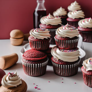  masterpiece, \(high, top, insane, extreme, perfect, Professional\)_\(quality, resolution, details, Image_sharpness\), intricate, high_\(quality_textures, resolution_textures\), absurdres, sharp details, award_winning, realistic, 8k, red velvet cupcakes, red sprinkles, foodstyle ,