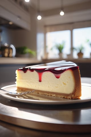 Delicious giant cheesecake on a dining table in the kitchen, comfortable light ,romantic light, ultra details ,photorealistic, realistic ,gel lighting, Cinematic, Filmic, medium shot, 4k, Front-light, Cinematic Lighting, volumetric Light, Ray Tracing Reflections, Chromatic Aberration, photography, hyper realistic, 4k, 8k,closeup , 
