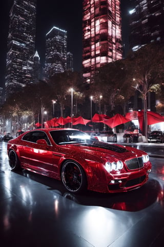 crystalz, red super sport in gotham city by night,, appearence resembling a skull, A hyper-realistic 64k digital rendering, ultra fine detail, saturated colors, fisheye, chiaroscuro effect, high contrast, 64k, car,c_car,Concept Cars,chrometech, big crystals on car, 