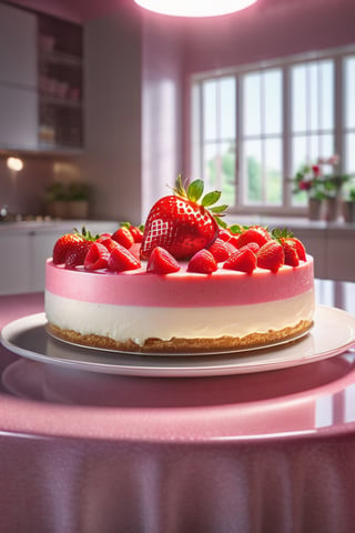 Delicious giant strawberry cheesecake on a dining table in the kitchen, comfortable light ,romantic light, ultra details ,photorealistic, realistic ,gel lighting, Cinematic, Filmic, medium shot, 4k, Front-light, Cinematic Lighting, volumetric Light, Ray Tracing Reflections, Chromatic Aberration, photography, hyper realistic, 4k, 8k,closeup , 
