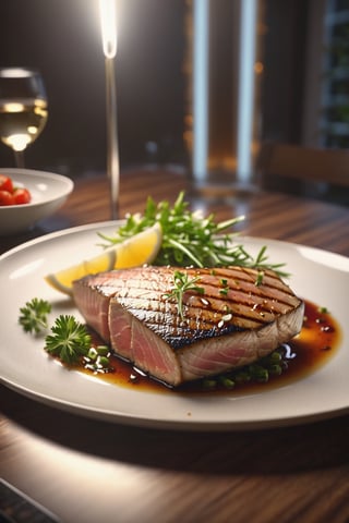 Delicious plate of grilled tuna on a dining table in the kitchen, comfortable light ,romantic light, ultra details ,photorealistic, realistic ,gel lighting, Cinematic, Filmic, medium shot, 4k, Front-light, Cinematic Lighting, volumetric Light, Ray Tracing Reflections, Chromatic Aberration, photography, hyper realistic, 4k, 8k,closeup 
