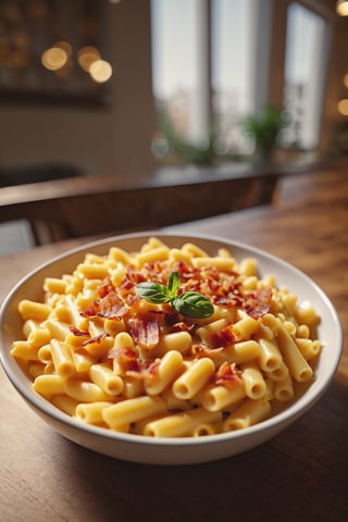 Delicious bowl of mac and cheese with bacon on a dining table in the kitchen, comfortable light ,romantic light, ultra details ,photorealistic, realistic ,gel lighting, Cinematic, Filmic, medium shot, 4k, Front-light, Cinematic Lighting, volumetric Light, Ray Tracing Reflections, Chromatic Aberration, photography, hyper realistic, 4k, 8k,closeup , 
