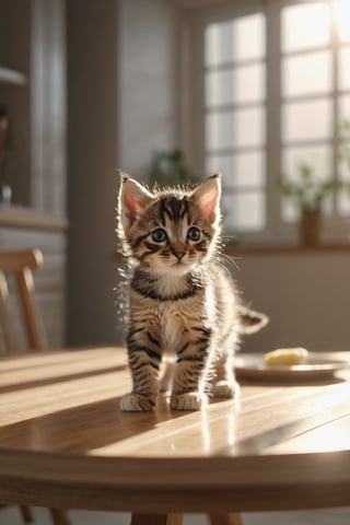 stripped kitten on a dining table in the kitchen, comfortable light ,romantic light, ultra details ,photorealistic, realistic ,gel lighting, Cinematic, Filmic, medium shot, 4k, Front-light, Cinematic Lighting, volumetric Light, Ray Tracing Reflections, Chromatic Aberration, photography, hyper realistic, 4k, 8k,closeup 
