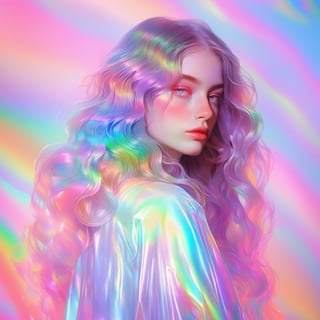 1girl, solo,long wavy hair,flowing rainbow colored holographic background,portrait, holographic, iridescent, vaporwave, fluid,niji style,realistic