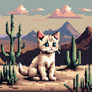 digital pixel art of a little cat, mountain in a desert, pixel style