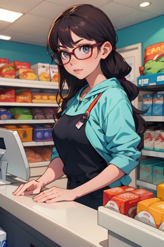 store cashier with glasses