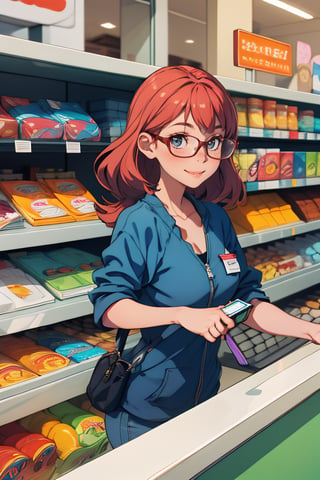 store cashier with glasses, front photo, smile   