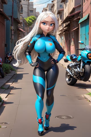 disney style, teen girl 1girl, huge boobs, big thighs, disney pixar style, beautiful body, long white hair, blue eyes, russian girl, skin tight, revealing motorcycle riding suit, kawaii, Loli, leaning against futuristic motorcycle in alley 