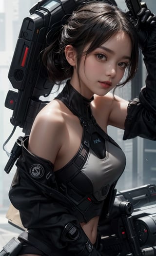 beautiful, realistic, masterpiece, HD, 1 girl, ((futuristic black tactical suit)), sexy, charming, seductive, special operation agent, crop top off shoulder, advanced gadgets, holding weapons, urban techwear