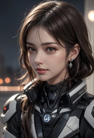 masterpiece, best quality, photorealistic, raw photo, beautiful girl, young girl, solo, Hyperrealistic, hyperdetailed, realistic face, high-resolution, realistic style, 8k, detailed hair, beautiful face, perfect face, detailed brown eyes, small earrings, short wavy dark brown hair, 1 girl, ((night)), happy warmth friendly expression, detailed futuristic cyborg, sitting on chair, full body,robot,More Detail