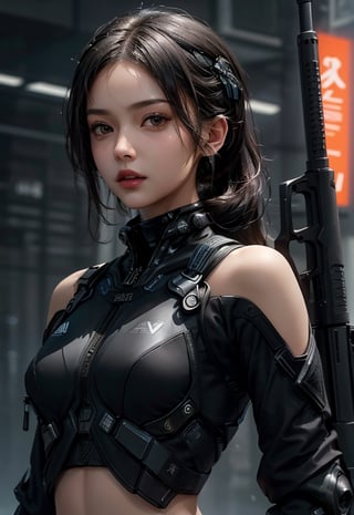 beautiful, realistic, masterpiece, HD, 1 girl, ((futuristic black tactical suit)), sexy, charming, seductive, special operation agent, crop top off shoulder, advanced gadgets, nude, naked, holding weapons, urban techwear