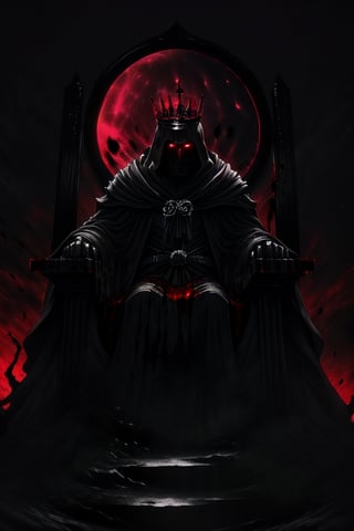 powerful and ominous man like figure sitting on a throne, dressed in a black robe, dark crown on the figure's head further emphasizes its authority and power, figure's position of power and control over hood, red surrounding the throne add to the sense of danger and intensity, sense of dark, powerful, and ominous energy, with the figure on the throne being the central focus of the scene, evil,manga panel,  face of the figure on the throne is not clearly visible as it is partially obscured by the dark robe, dark red, moon light, dark red background, blood at bottom of thrown,monochrome,Realism,More Detail,Circle,fantasy00d, death