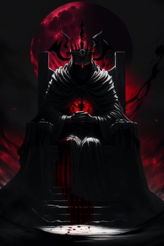 powerful and ominous man like figure sitting on a throne, dressed in a black robe, dark crown on the figure's head further emphasizes its authority and power, figure's position of power and control over hood, red surrounding the throne add to the sense of danger and intensity, sense of dark, powerful, and ominous energy, with the figure on the throne being the central focus of the scene, evil,manga panel,  face of the figure on the throne is not clearly visible as it is partially obscured by the dark robe, dark red, moon light, dark red background, blood at bottom of thrown,monochrome,Realism,More Detail,Circle,fantasy00d, death