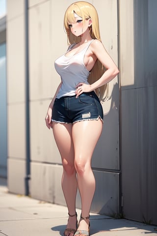 Blond long hair woman, mature female, wearing loose white tank top, no sleeves, sexy, with a large bust, curvy_hips, large_breasts, large thighs, small shorts, soaked, blushing, loose tank top, breasts visible from side, full body potrait, side ways shot