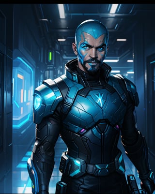 (masterpiece, best quality, hyperrealistic, extremely detailed, wallpaper, 1 man, solo, shaved head, goatee, cybernetic eye, sleek futuristic haircut, glowing blue hair, determined expression, high-tech clothing with glowing panels, holding a futuristic weapon)