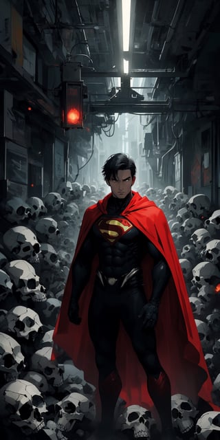 Superman standing, ((surrounded by skulls and death)), (red cape), long cape, facial_hair, red eyes, glowing eyes:1.2, (hair over eyes), black hair, pale_skin:1.3, masterpiece, ultra detailed image, a perfect image unfolds with 8k resolution, professional, HDR, high resolution, best illumination, extremely detailed, ray tracing, realistic lighting effects, ((dark colors)), (sad colors), neon noir illustration, solo_focus, full-body. 