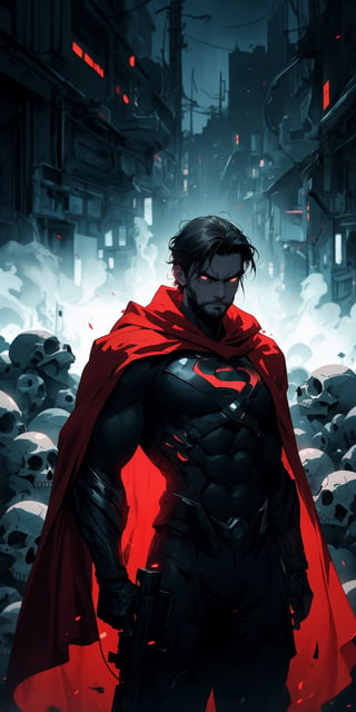 Superman standing, ((surrounded by skulls and death)), (red cape), facial_hair, red eyes, glowing eyes, (hair over eyes), black hair, pale_skin:1.3, masterpiece, ultra detailed image, a perfect image unfolds with 8k resolution, professional, HDR, high resolution, best illumination, extremely detailed, ray tracing, realistic lighting effects, ((dark colors)), (sad colors), neon noir illustration, solo_focus.