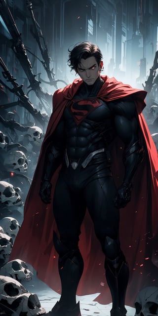 Superman standing, ((surrounded by skulls and death)), (red cape), long cape, facial_hair, red eyes, glowing eyes:1.2, bangs, (hair over eyes), black hair, pale_skin:1.3, masterpiece, ultra detailed image, a perfect image unfolds with 8k resolution, professional, HDR, high resolution, best illumination, extremely detailed, ray tracing, realistic lighting effects, ((dark colors)), (sad colors), neon noir illustration, solo_focus, full-body. 