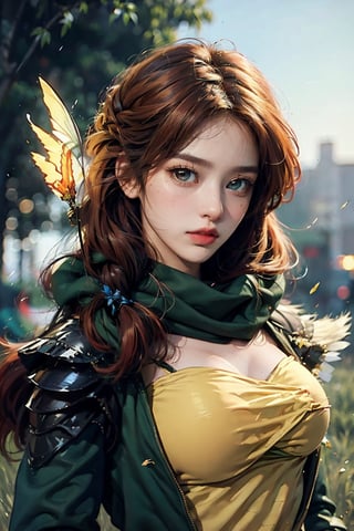masterpiece:1.2), best quality, PIXIV, arcana, arcana, Windranger anime style, solo, bow (weapon), weapon, 1girl, red hair, hair ornament, simple background, flower, hair flower, bug, fire, butterfly, blue eyes, arrow (projectile), no humans, quiver,arcana,SharpEyess,Windranger anime style, red glow