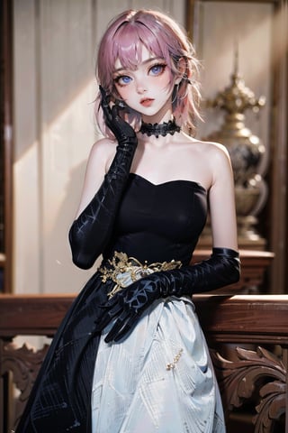 female, ((masterpiece, best quality, ultra detailed, absurdres):1.5),pink hair, solo,long hair,large breasts,looking at viewer,pink, bare shoulders, black dress, black_glove, choker,adress2, long dress, full_body, white skirt