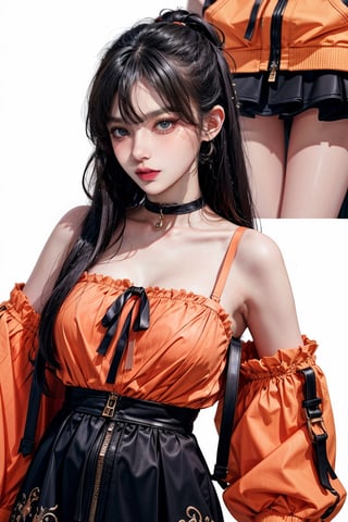 female, ((masterpiece, best quality, ultra detailed, absurdres):1.5), 1girl, bangs, beautiful, bow, ribbon, bare shoulders, frills, detached sleeves, white dress, sleeves past wrists, straplesssolo,skirt,jacket,pantyhose,choker,hood,black skirt,hoodie,drawstring,orange jacket,
orange hoodie,techcloak, black hair, 