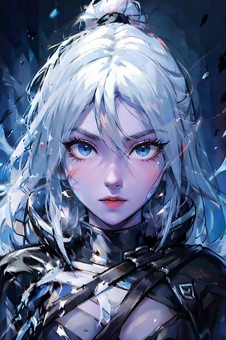 masterpiece, best quality, illustration, portrait, ,drow,face details,  white hair, blue eyes