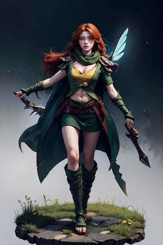 (masterpiece:1.2), best quality,PIXIV, arcana,arcana,Windranger anime style, solo, bow (weapon), weapon, 1girl, red hair, hair ornament, simple background, flower, hair flower, long hair, bug, butterfly, blue eyes, arrow (projectile), no humans, full body ,ZGirl