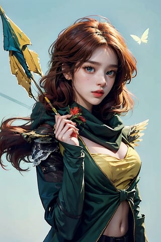 masterpiece:1.2), best quality, PIXIV, arcana, arcana, Windranger anime style, solo, bow (weapon), weapon, 1girl, red hair, hair ornament, simple background, flower, hair flower, bug, fire, butterfly, blue eyes, arrow (projectile), no humans, quiver,arcana,SharpEyess,Windranger anime style, animal