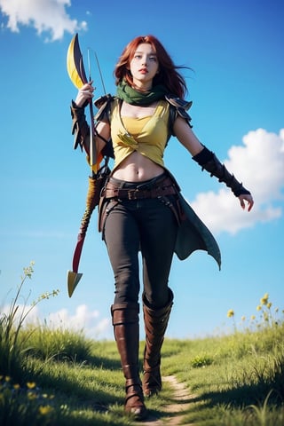 young girl, red hair,  blue eyes,  arcana , Windranger anime style,,,ZGirl,SharpEyess,arcanaarcana,arcana,Windranger anime style, solo, bow \(weapon\), weapon, 1girl, simple background, flower, long hair, butterfly, bug, blue eyes, arrow \(projectile\), no humans, full body,bow.wind , butterflies,girl,Agoon