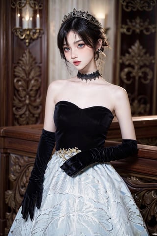 female, ((masterpiece, best quality, ultra detailed, absurdres):1.5), black hair, solo,long hair,large breasts,looking at viewer,pink, bare shoulders, black dress, black_glove, choker,adress2