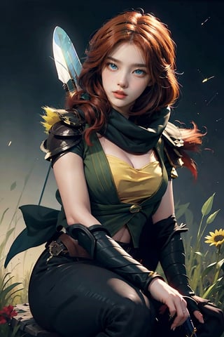 (masterpiece:1.2), best quality,PIXIV, arcana,arcana,Windranger anime style, solo, bow (weapon), weapon, 1girl, red hair, hair ornament, simple background, flower, hair flower, long hair, bug, butterfly, blue eyes, arrow (projectile), no humans, sitting