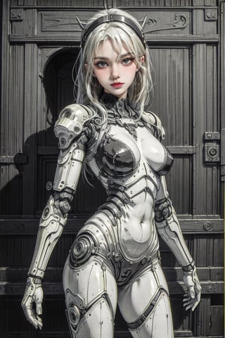 female, ((masterpiece, best quality, ultra detailed, absurdres):1.5), white hair, solo,long hair,breasts,looking at viewer,black ,robot joints