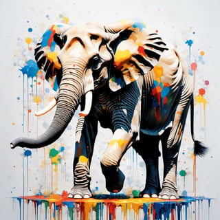 one rearing akhal-teke elephant - Made in canvas,  viewer,  white horse, Colourful,  ultra realistic,  unreal engine , dripping paint,  side view, girl made entirely of coloured paint and splattered with paint,  abstact, ,dripping paint, full shot, full body