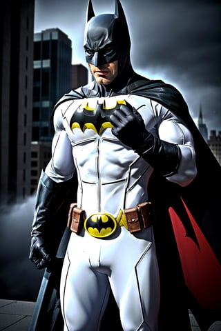 Jaimee Foxx as ((batman)), comic book style, flashpoint batman, black skin, he see at sideways, dark scene, ((batman White suit)), cowboy shot of batman, athletic, white eyes, no pupils, night city, mist, particles, male focus, mask, muscular, muscular male, ragged and torn cape, night, outdoors, rain, serious, dark armosphere, detailed background, cinematic ready for battle pose, dark black cape, darker belt, lurking on top of a big statue, thin yellow outline on batman logo on chest, no logo on belt buckle,Epicrealism