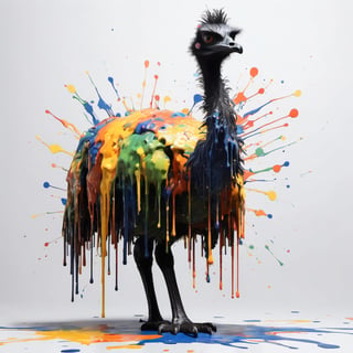 Emu , Made in canvas,  viewer,  Colourful,  ultra realistic,  unreal engine , dripping paint,  side view, Emu made entirely of coloured paint and splattered with paint,  abstact, ,dripping paint, full shot, full body