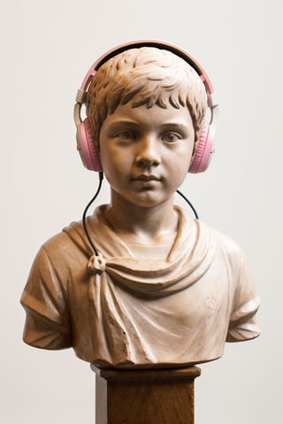 portrait of a plaster statue of a cute young boy ten years of age in white Marshall headphones, on Doric order, saturated pink background