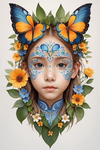 (full body) Paint a full-body picture of the perfect balance between art and nature, Incorporate elements like flowers, leaves, animals, beautiful ten year old boy, and other natural patterns to create a unique and intricate design, symmetrical,perfect_symmetry,Leonardo Style,oni style, line_art,3d style, white background
