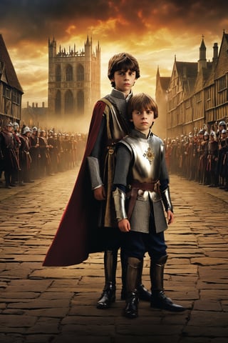 In this thrilling and cinematic artwork, a ten-year-old  Edward V & Richard of York , kid, child, fim, dramatic, cinematic