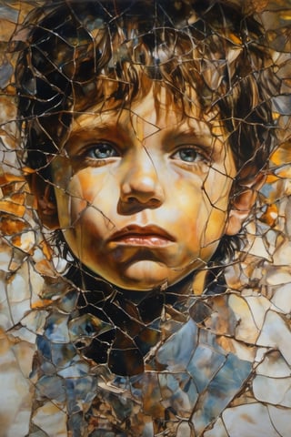 a whole shot of a painting of a boy`s body with a broken body, ten years old,cracked porcelain body, fragmented, abstract portrait, luis royo, surrealist dark art, boris vallejo, shattered, dark schizophrenia portrait, milo manara inspired, shattered abstractions, shattered mirror, shattered mirror composition, shattered wall, 4 k symmetrical portrait, glass body, Detailedface, Detailedeyes,1boy